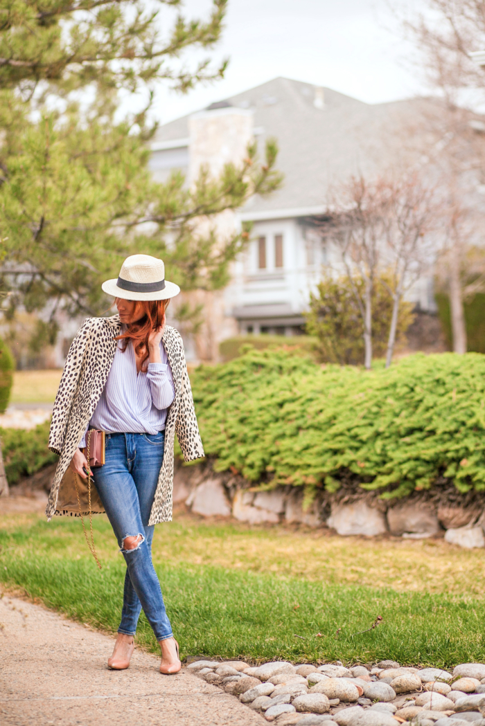 t h e (c h l o e) c o n s p i r a c y: Leopard Coat + Ann Taylor Blue Striped Wrap Blouse + Panama Hat + Ripped Jeans #ootd #springstyle #panamahat  