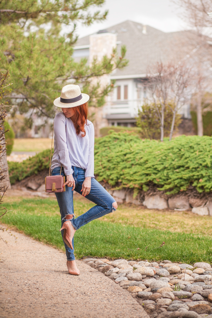 t h e (c h l o e) c o n s p i r a c y: Leopard Coat + Ann Taylor Blue Striped Wrap Blouse + Panama Hat + Ripped Jeans #ootd #springstyle #panamahat  