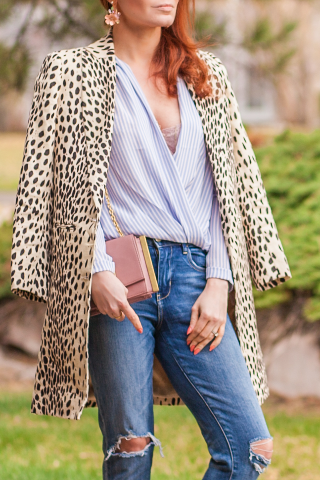 t h e (c h l o e) c o n s p i r a c y: Leopard Coat + Ann Taylor Blue Striped Wrap Blouse + Panama Hat + Ripped Jeans #ootd #springstyle #panamahat  