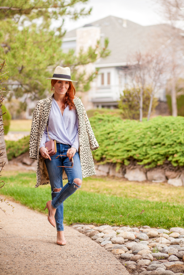 t h e (c h l o e) c o n s p i r a c y: Leopard Coat + Ann Taylor Blue Striped Wrap Blouse + Panama Hat + Ripped Jeans #ootd #springstyle #panamahat  