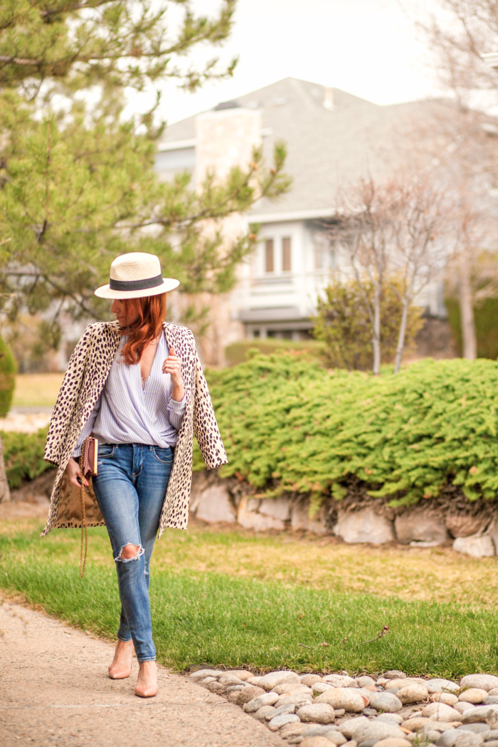 t h e (c h l o e) c o n s p i r a c y: Leopard Coat + Ann Taylor Blue Striped Wrap Blouse + Panama Hat + Ripped Jeans #ootd #springstyle #panamahat  