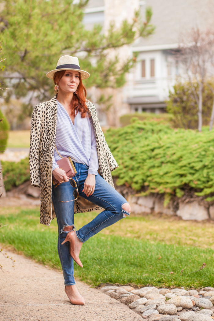 t h e (c h l o e) c o n s p i r a c y: Leopard Coat + Ann Taylor Blue Striped Wrap Blouse + Panama Hat + Ripped Jeans #ootd #springstyle #panamahat  