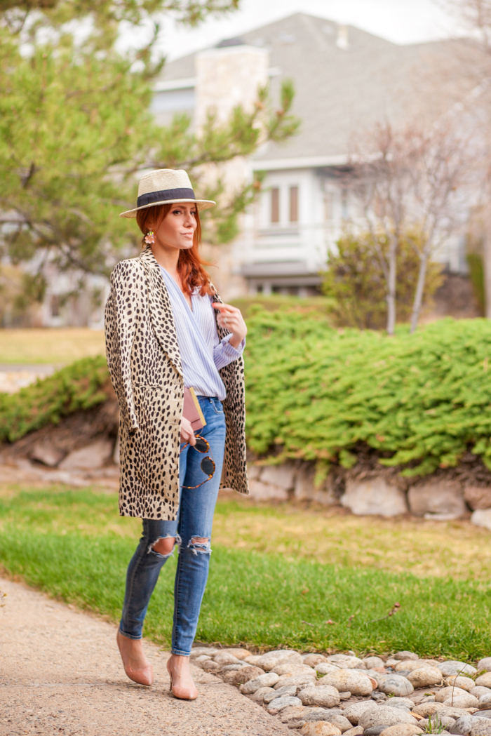 t h e (c h l o e) c o n s p i r a c y: Leopard Coat + Ann Taylor Blue Striped Wrap Blouse + Panama Hat + Ripped Jeans #ootd #springstyle #panamahat  