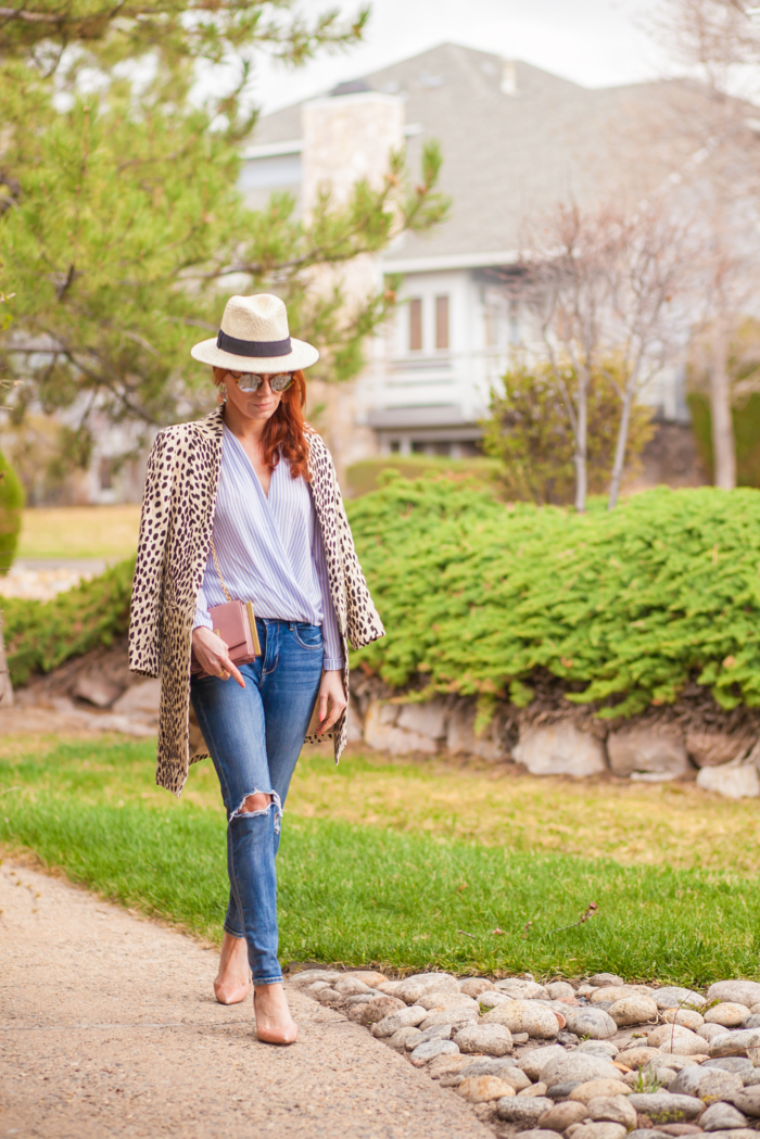 t h e (c h l o e) c o n s p i r a c y: Leopard Coat + Ann Taylor Blue Striped Wrap Blouse + Panama Hat + Ripped Jeans #ootd #springstyle #panamahat  