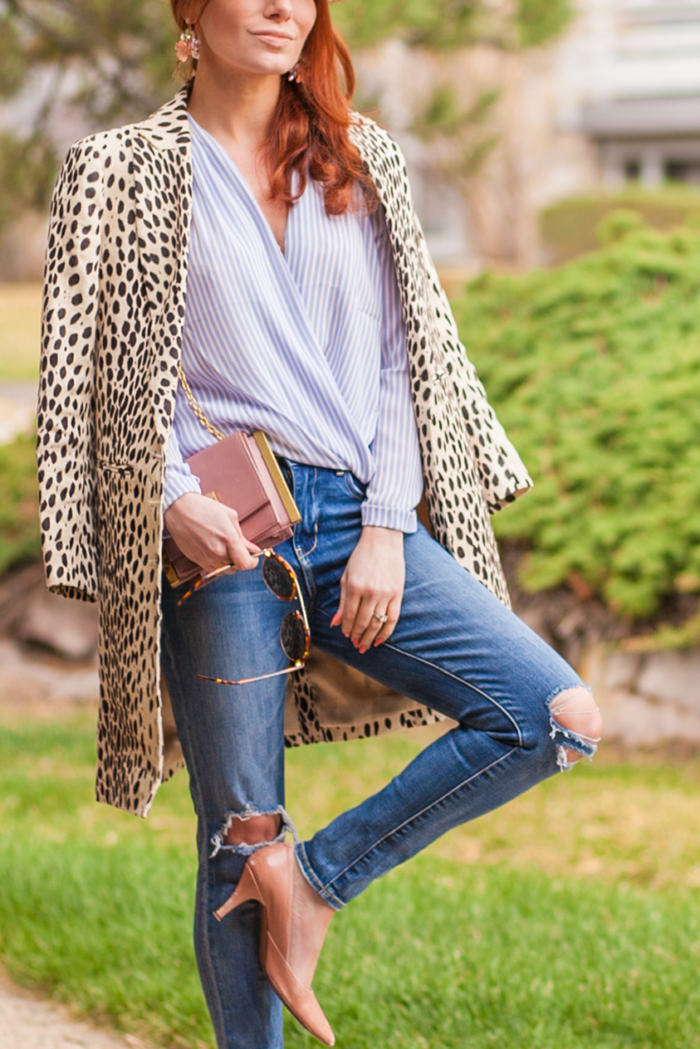 t h e (c h l o e) c o n s p i r a c y: Leopard Coat + Ann Taylor Blue Striped Wrap Blouse + Panama Hat + Ripped Jeans #ootd #springstyle #panamahat  